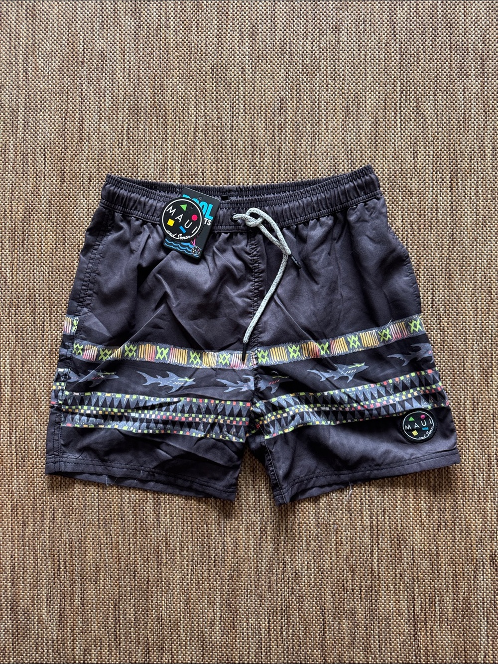 MAUI/Sons Men's Black Swim Trunks with Sharkbite Tribal Stripes M fully lined